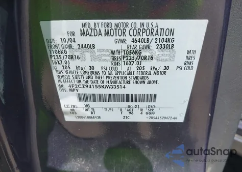 2005 Mazda Tribute S z USA, uszkodzony, nr VIN 4F2CZ94155KM33514